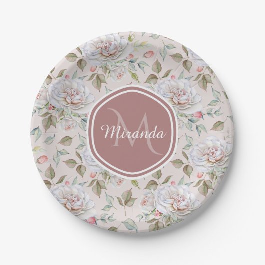 Bord Roze Rozenpatroon met Monogram en Naam (Voorkant)