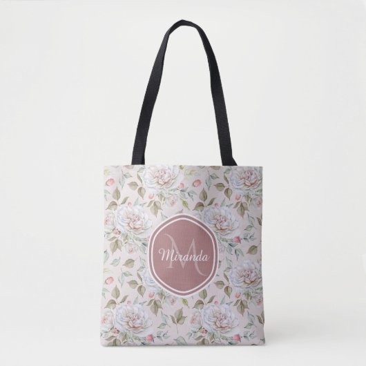 Bord Roze Rozenpatroon met Monogram en Naam Tote Bag (Voorkant)