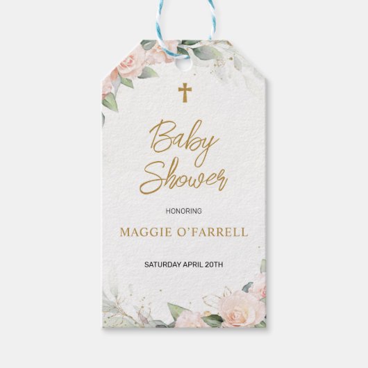 Bord Roze Waterverf Bloemen Religieus Baby shower Cadeaulabel (Voorkant)
