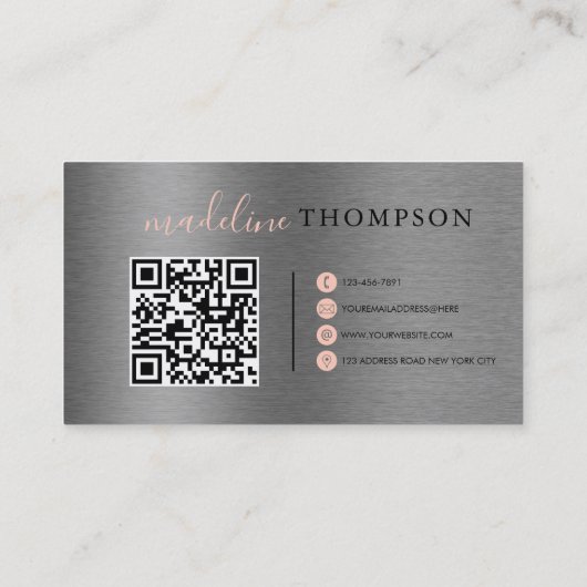 Bord Sinaasappel Metallic Brush Steel Script QR-co Visitekaartje (Achterkant)