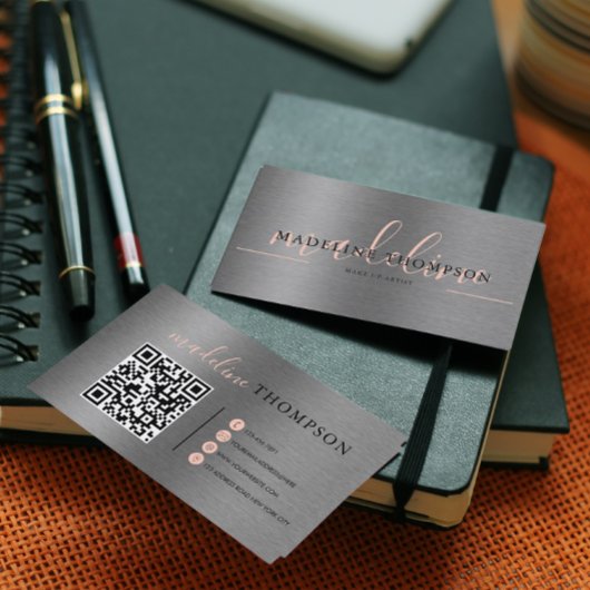 Bord Sinaasappel Metallic Brush Steel Script QR-co Visitekaartje