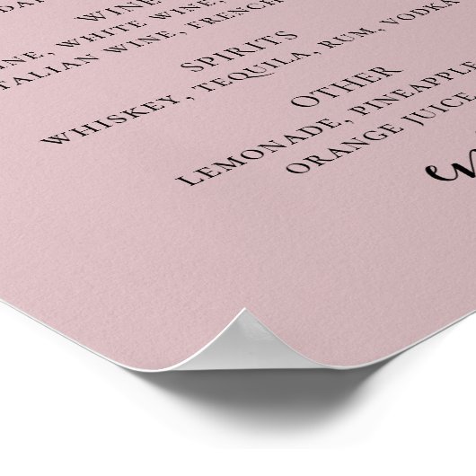 Bord stoffige roze script bruiloft alcohol drinken poster (Hoek)