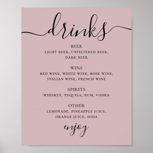 Bord stoffige roze script bruiloft alcohol drinken poster (Voorkant)