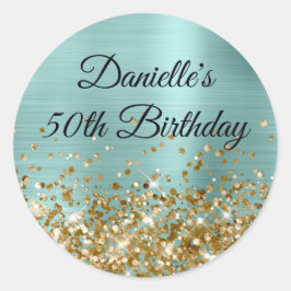 Bord Turquoise Folie Gouden Glitter 50ste Verjaard Ronde Sticker