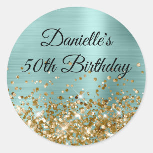 Bord Turquoise Folie Gouden Glitter 50ste Verjaard Ronde Sticker