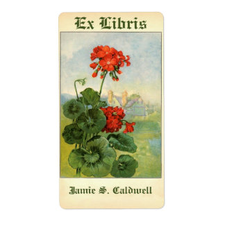 bord van de  geraniumbloemboekjes etiket