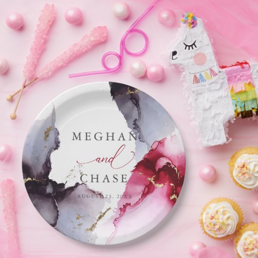 Bord van gemarmerde Crimson en Amethyst Paper (Feest)