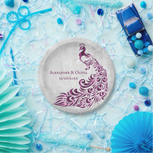 Bord van magenta Peacock Leaf Vine Wedding Paper (Feest)