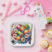 Bord van sushi, sojasaus en eetstokjes Verjaardag (Feest)