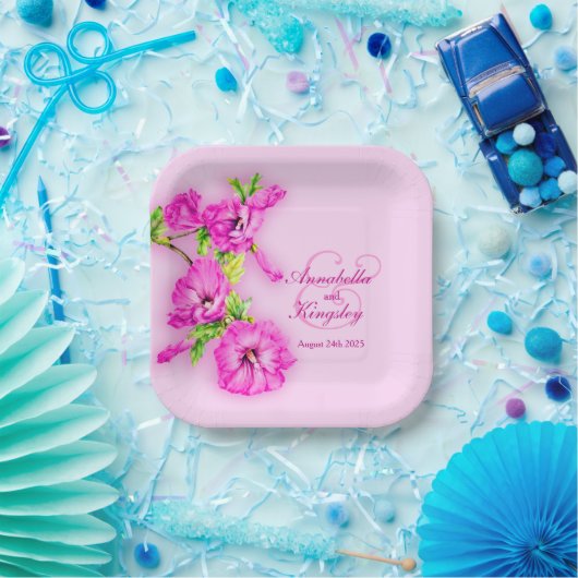 Bord voor huwelijkshibiscus roze kunstpapier (Feest)