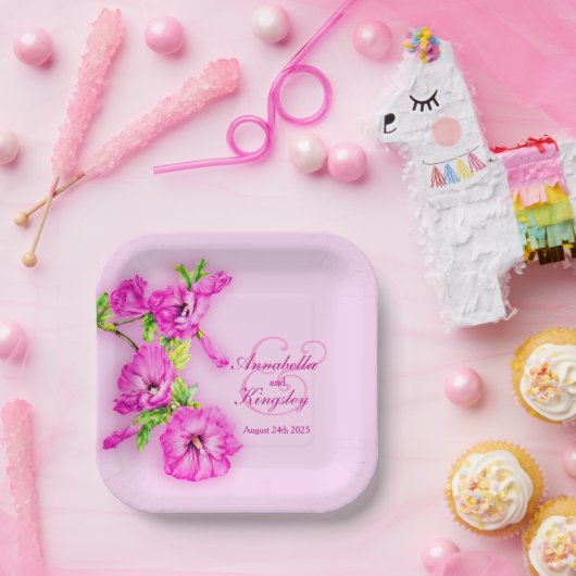 Bord voor huwelijkshibiscus roze kunstpapier (Feest)
