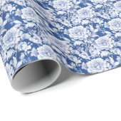 Bord wit/blauw herhaal roos cadeaupapier (Rol Hoek)