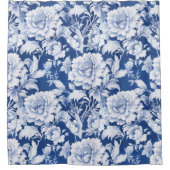 Bord wit/blauw herhaal roos douchegordijn (Voorkant)