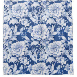 Bord wit/blauw herhaal roos douchegordijn