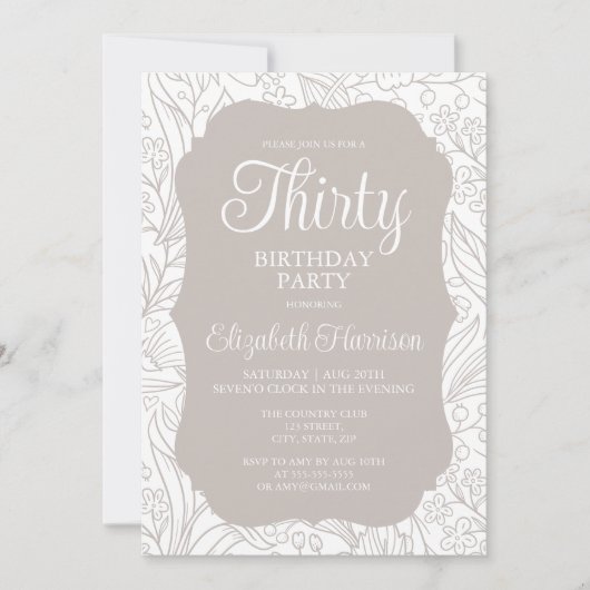 Bord Zilver Wit Flora Vrouw 30e Verjaardagsfeest Kaart (Voorkant)