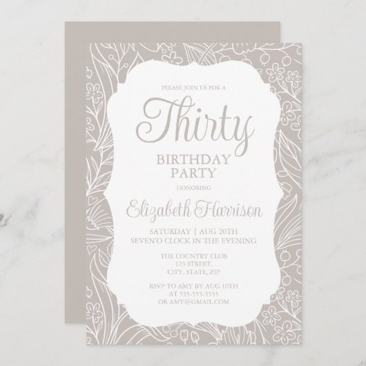 Bord Zilver Wit Flora Vrouw 30e Verjaardagsfeest Kaart (Voorkant / Achterkant)