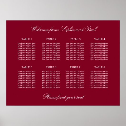 Bordeaux 8 Tafel Bruiloftstoelindeling Poster (Voorkant)