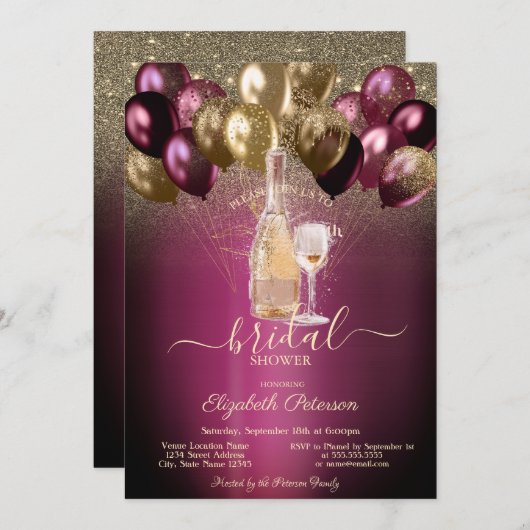 Bordeaux Ballonnen Wijn Set Glitter Bruidsmeisje F Kaart (Voorkant / Achterkant)