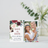 Bordeaux blauwe blos bruiloft foto save the date briefkaart (Staand voorkant)