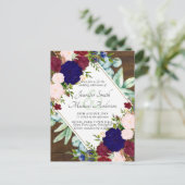 Bordeaux blauwe roze bloemen save the date trouw u briefkaart (Staand voorkant)