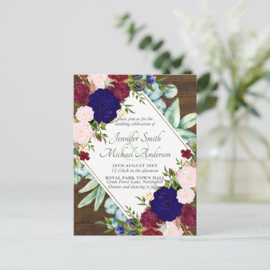 Bordeaux blauwe roze bloemen save the date trouw u briefkaart (Staand voorkant)