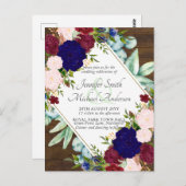 Bordeaux blauwe roze bloemen save the date trouw u briefkaart (Voorkant / Achterkant)