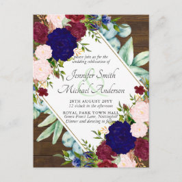 Bordeaux blauwe roze bloemen save the date trouw u briefkaart