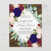 Bordeaux blauwe roze bloemen save the date trouw u briefkaart (Voorkant)