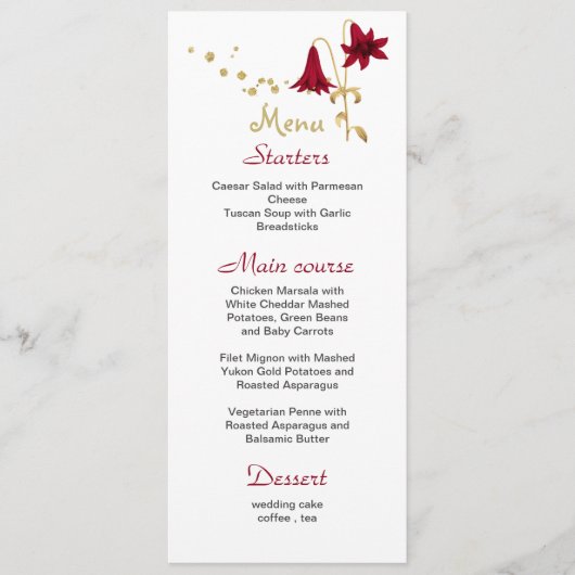 Bordeaux bloem goud & witte trouw menu (Voorkant)