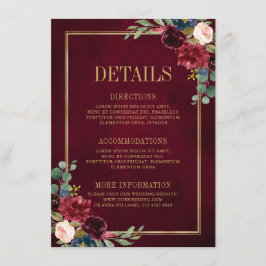 Bordeaux Bloemen Goud Marineblauw Trouwdetails Enc Informatiekaartje