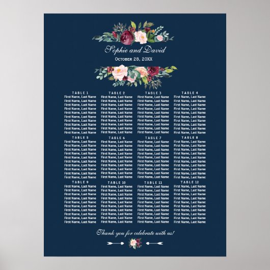Bordeaux Bloemen Navy Blauwe Trouw Zittijd Chart Poster (Voorkant)