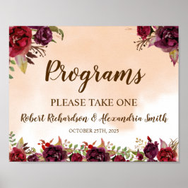 Bordeaux Bloemen Programma Huwelijksceremonie Bord Poster