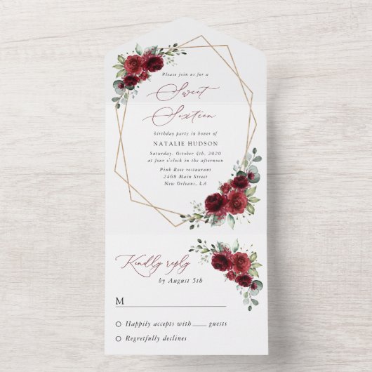 Bordeaux Bloemen, Rode Bloemen, Boho, Sweet 16 All In One Uitnodiging (Binnen)