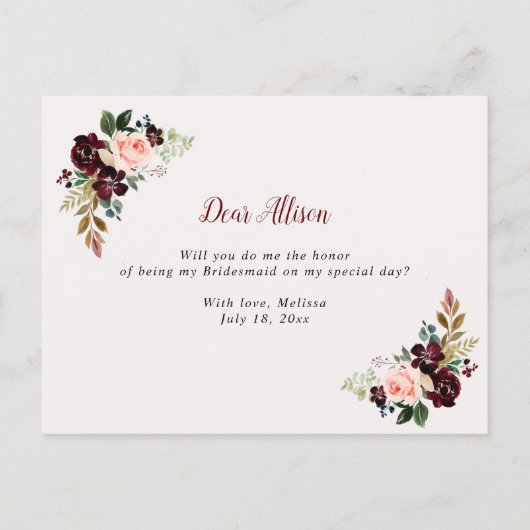 bordeaux bloemen zal je mijn bruidsmeisje kaart (Achterkant)