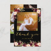Bordeaux Bloemen Zwart Goud Foto Bruiloft Dank Je Bedankkaart (Voorkant / Achterkant)