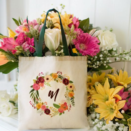 Bordeaux Bloemenkrans Bruidsmeisje Initiaal Tote Bag