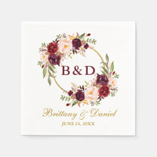 Bordeaux bloemenkrans gouden monogram bruiloft servet