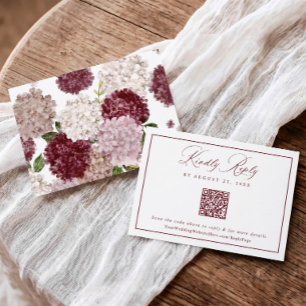 Bordeaux Bloemige Hortensia Herfst Bruiloft QR Cod RSVP Kaartje