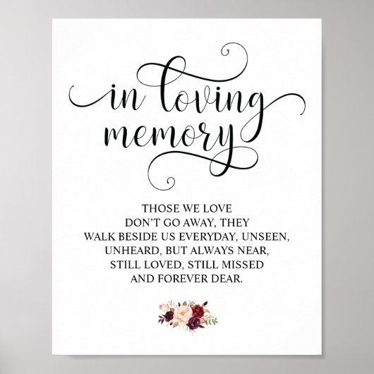 Bordeaux bloemige 'In Loving Memory' herinneringsb Poster (Voorkant)