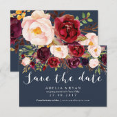 Bordeaux bloemige Navy Save the Date kaart (Voorkant / Achterkant)