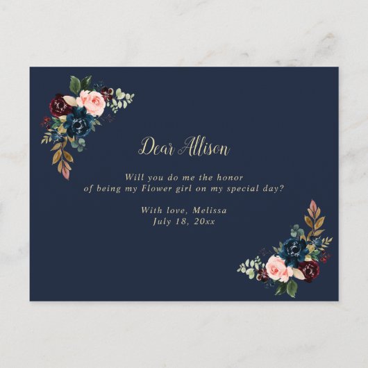 Bordeaux bloemige word jij mijn bloemenmeisje kaar uitnodiging briefkaart (Achterkant)