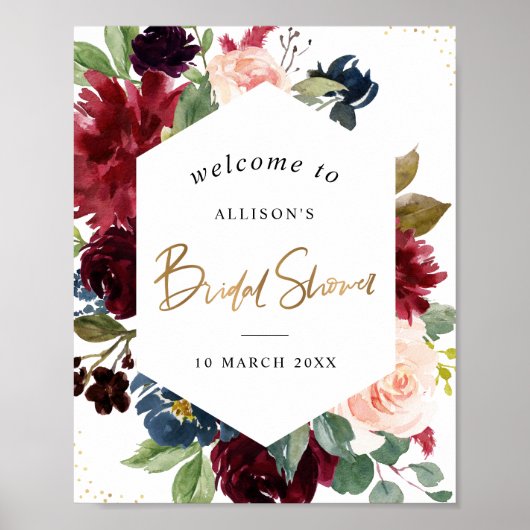 Bordeaux bloemrijke frame bruiloftsshower welkomst poster (Voorkant)