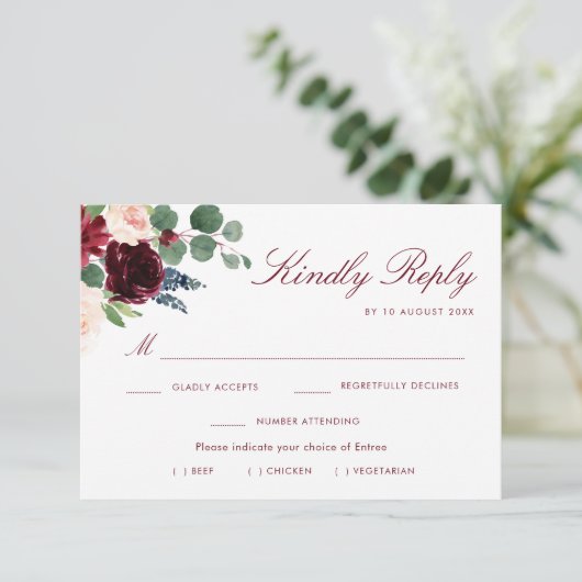 bordeaux blozen floral maaltijd keuze RSVP-kaart RSVP Kaartje (Staand voorkant)