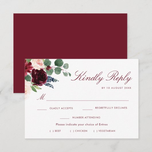 bordeaux blozen floral maaltijd keuze RSVP-kaart RSVP Kaartje (Voorkant / Achterkant)