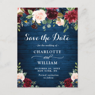 Bordeaux Blush Blauwe Bloem Bruiloft Save the Date Briefkaart