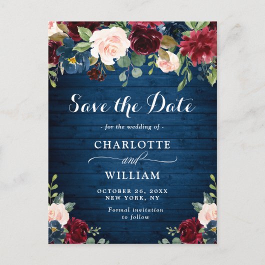 Bordeaux Blush Blauwe Bloem Bruiloft Save the Date Briefkaart (Voorkant)