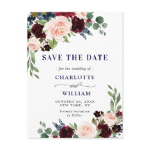 Bordeaux Blush Blauwe Bloemige Trouw Save the Date