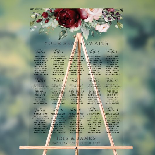 Bordeaux Blush Bloemen Bruiloft Zitkaarten Teken Acryl Bord (Neutraal)