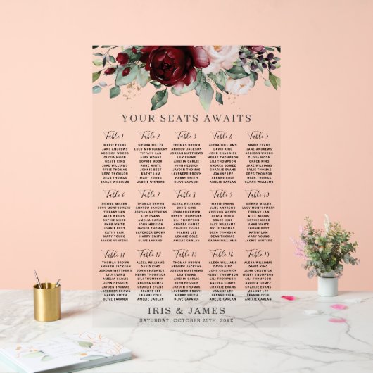 Bordeaux Blush Bloemen Bruiloft Zitkaarten Teken Acryl Bord (Huwelijk)
