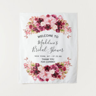 Bordeaux & Blush Roze Bloemige Bruiloftsontvangst Wandkleed